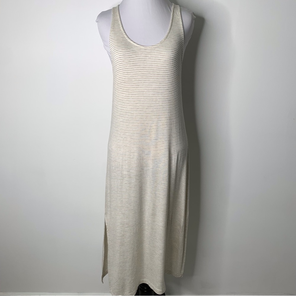 Eberjey Women's Striped Stretch Midi Cream Tan Sleeveless Dress Size Small